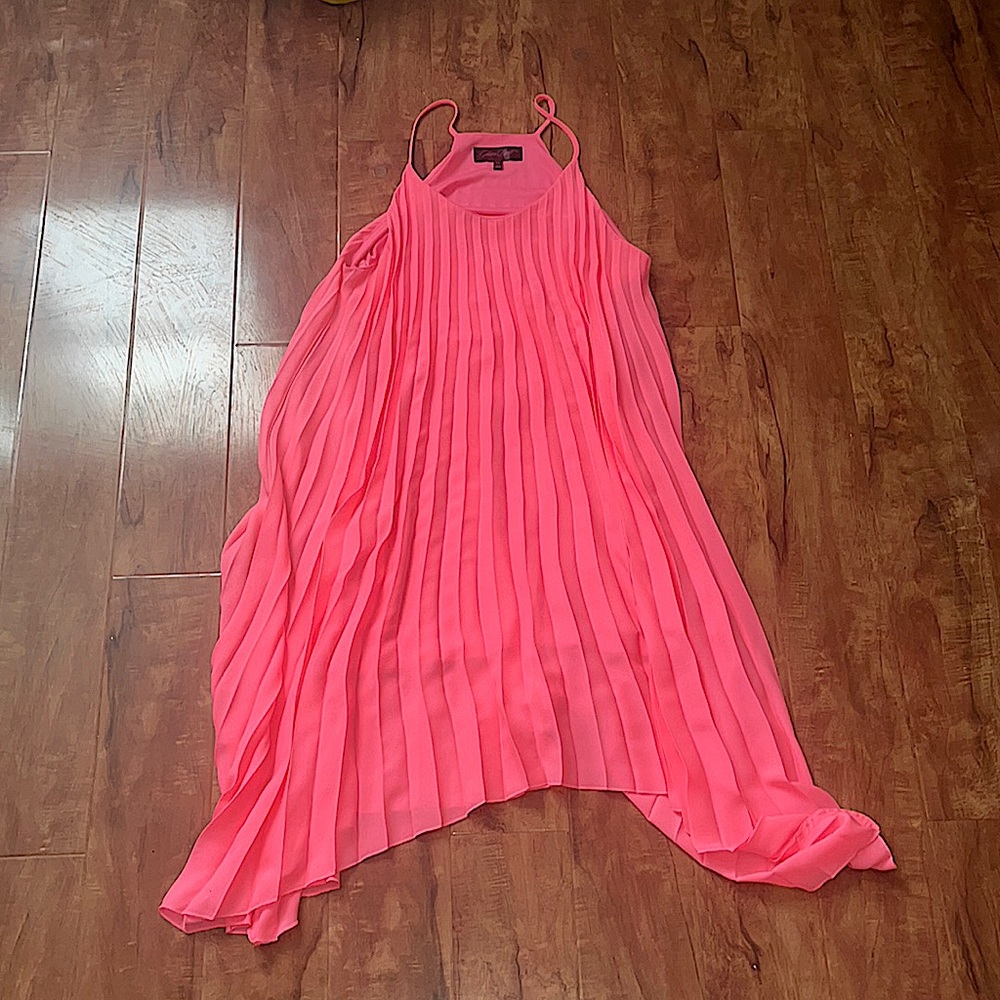 Neon Pink A-Line Dress, Pleated, Handkerchief Style (Pointed Sides)